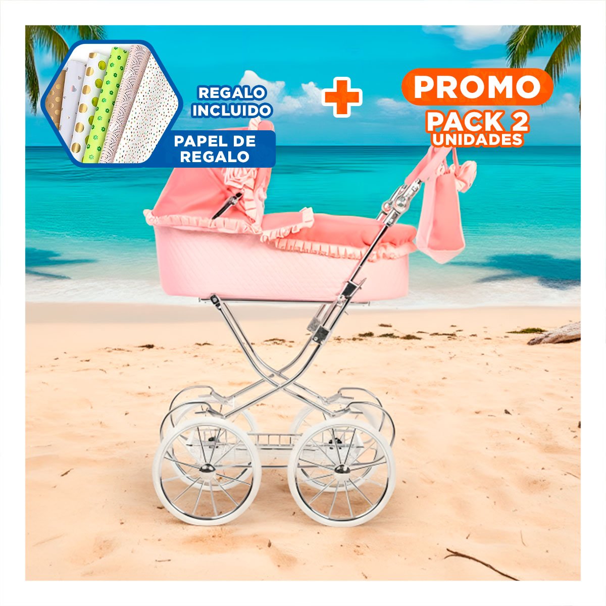PACK2 PORTADOR DE MUNECA DISENO TRADICIONAL EUROPEO ROSADO 78X41.5X95CM Y+PAPEL REGALO - 1