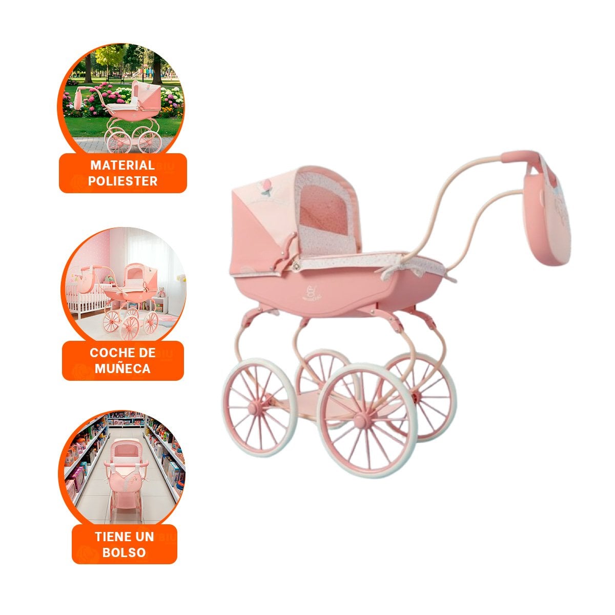 CARRIOLA DE MUNECA REBORN VINTAGE TULIPE ROSADO 38X65X84CM ESTILO CLASICO - 3