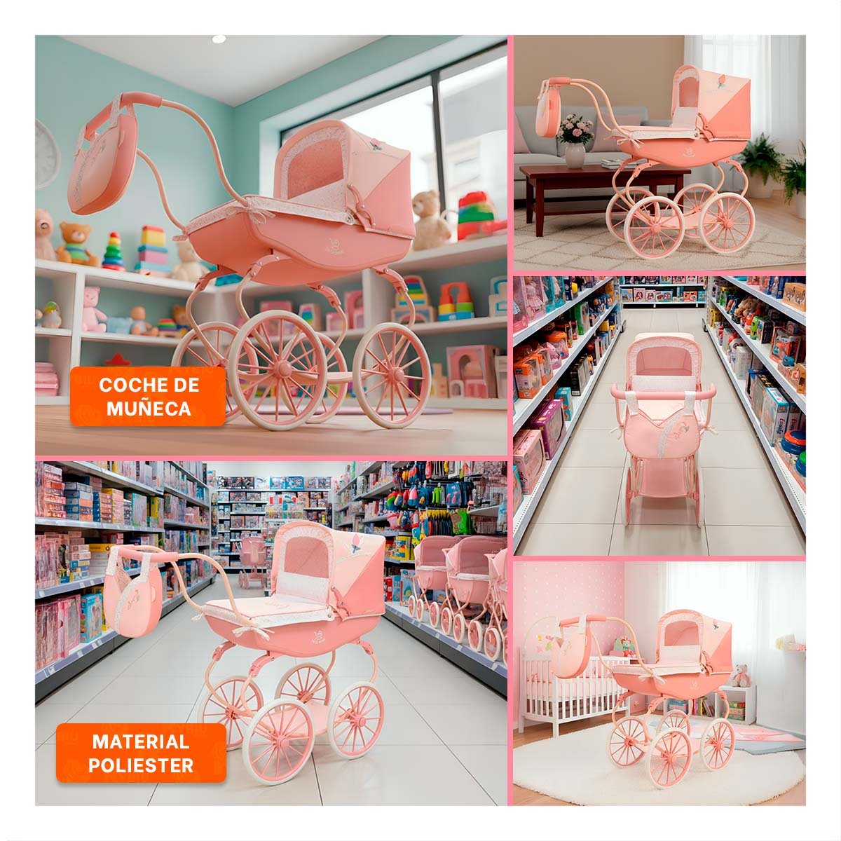 CARRIOLA DE MUNECA REBORN VINTAGE TULIPE ROSADO 38X65X84CM ESTILO CLASICO - 5