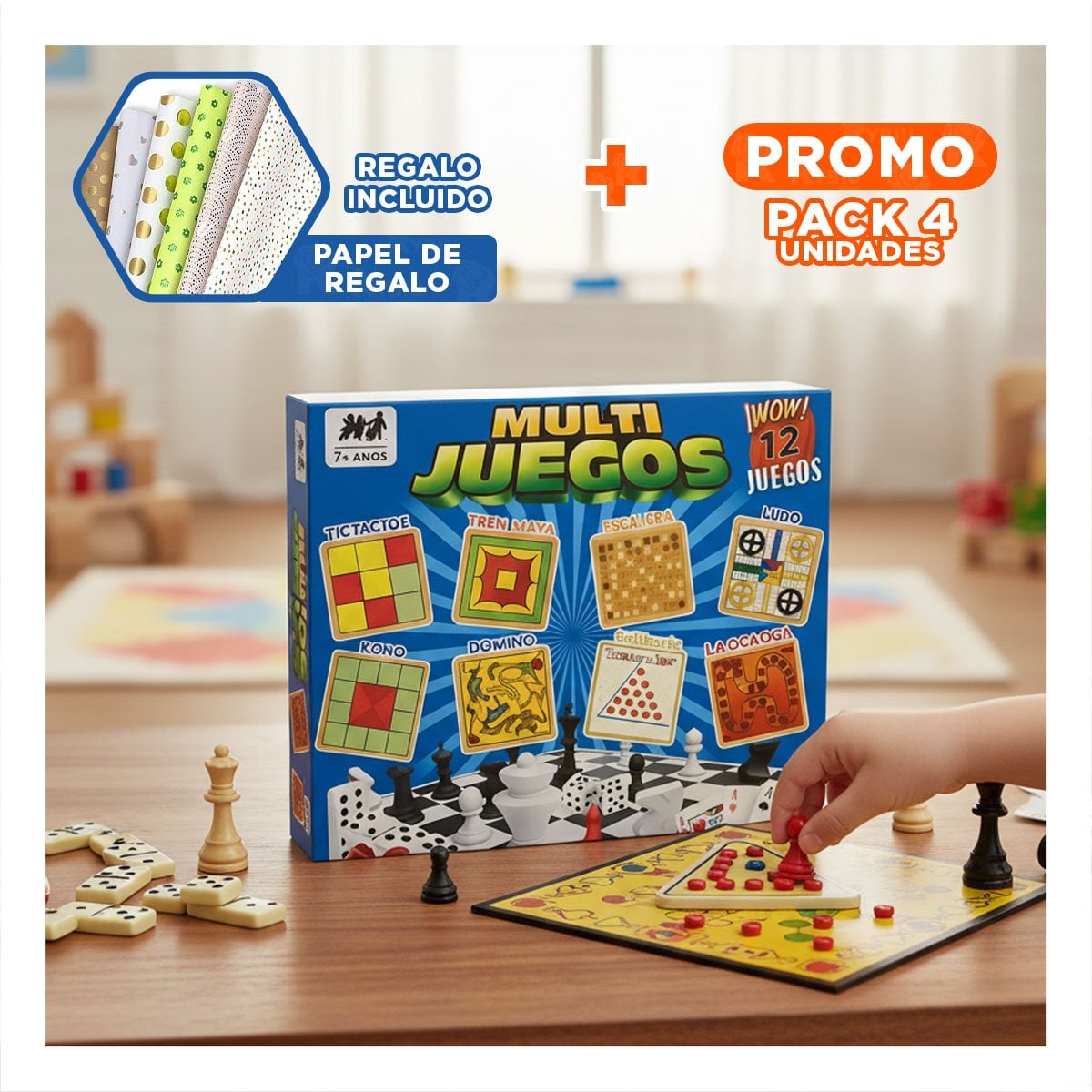 PACK4 TABLERO DE MESA MULTI JUEGOS 12 JUEGOS TRADICIONALES PARA FAMILIA Y+PAPEL REGALO - 1