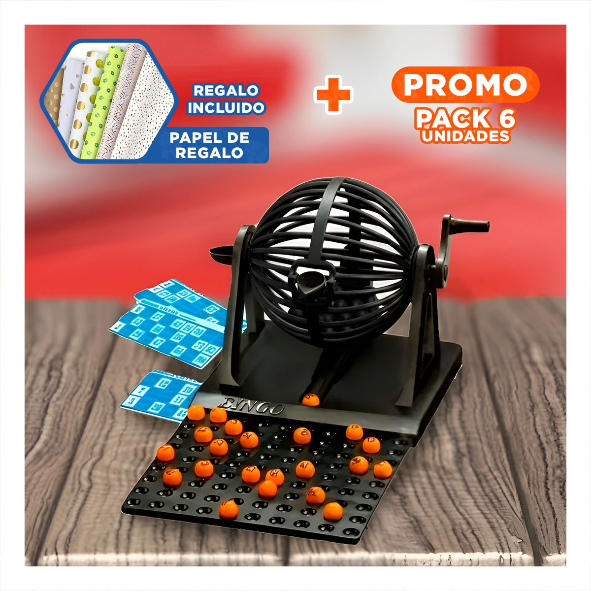 PACK6 ENTRETENIMIENTO LOTTO MEDIANO CON EMPAQUE ROJO NEGRO PARA CASA Y+PAPEL REGALO - 1