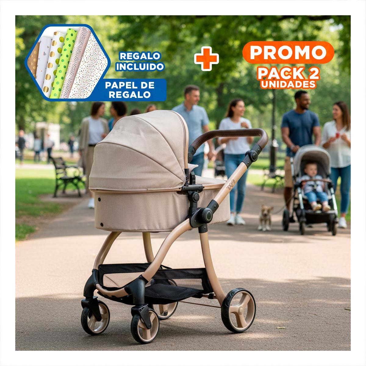 PACK2 TRANSPORTADOR CLASICO PARA MUNECA CAPAZO BEIGE 79X48X84CM JUEGO DIARIO Y+PAPEL REGALO - 1