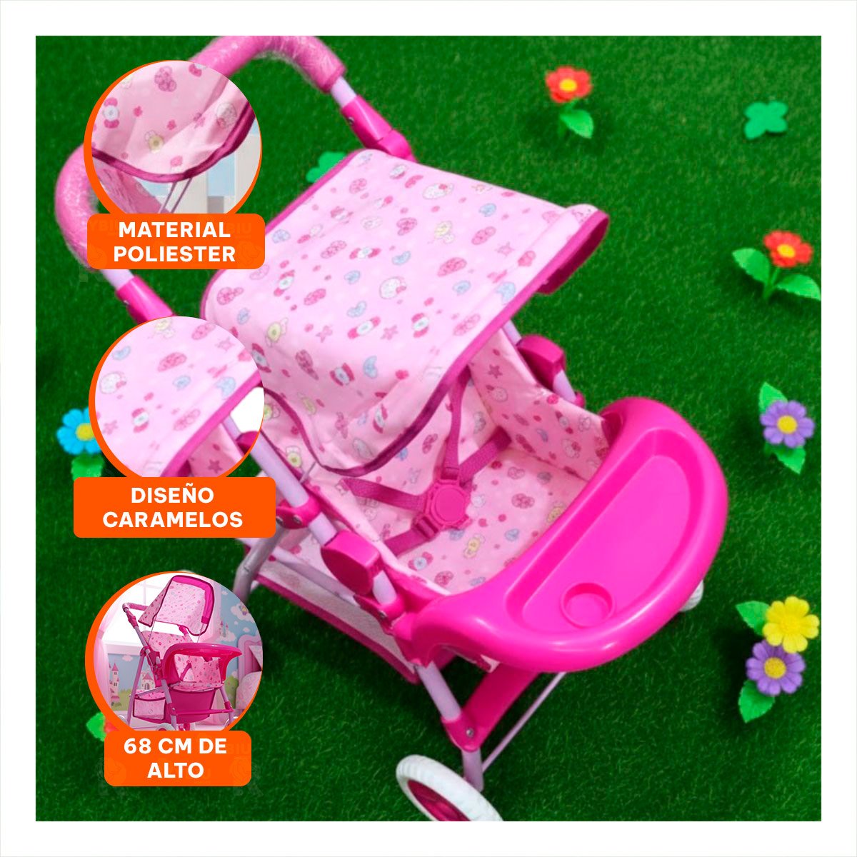 CARRO INFANTIL PARA MUÑECA CON ESTILO DULCE CARAMELOS PARA JUEGO ROSADO 68CM Y+PAPEL REGALO - 5