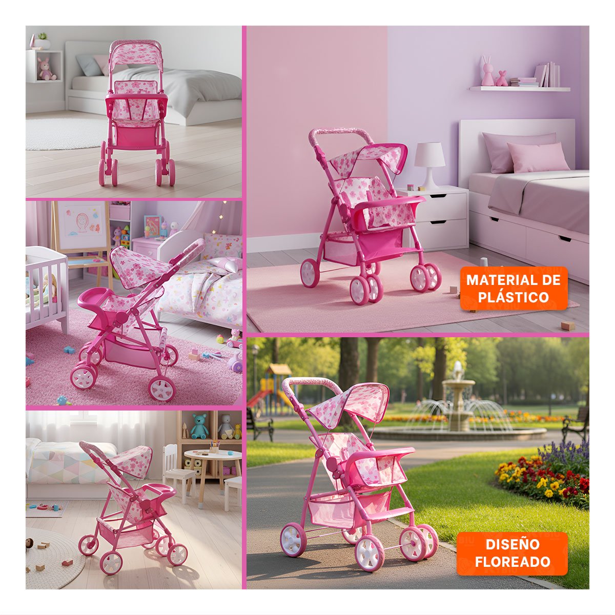 CARRIOLA PARA NENA INFANTIL CON ESTAMPADO FLORAL EN ROSADO 68CM Y+POST IT - 1