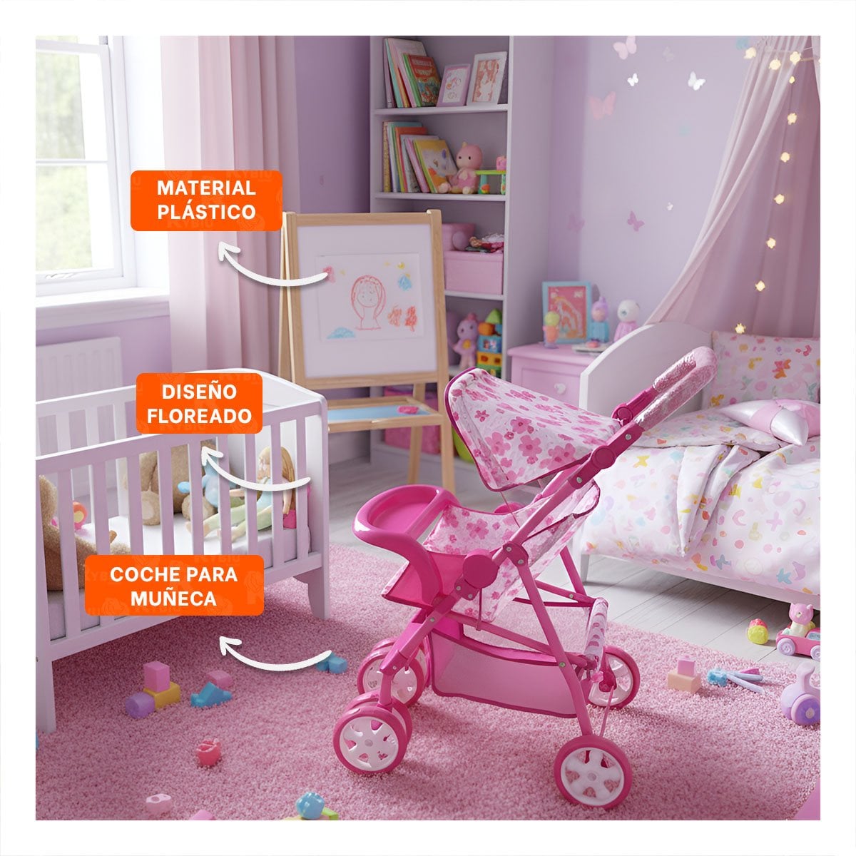 CARRIOLA PARA NENA INFANTIL CON ESTAMPADO FLORAL EN ROSADO 68CM Y+POST IT - 2