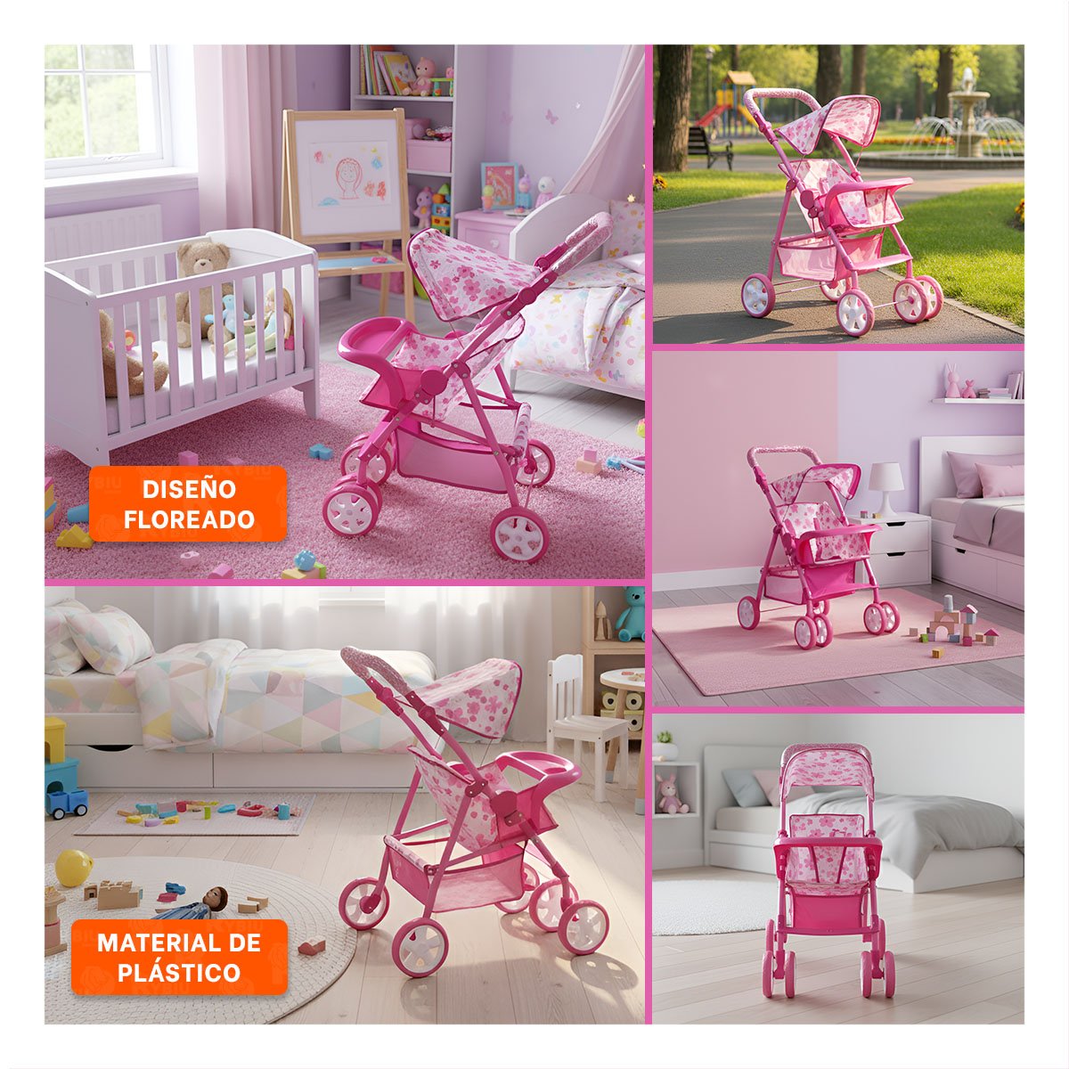 CARRIOLA PARA NENA INFANTIL CON ESTAMPADO FLORAL EN ROSADO 68CM Y+POST IT - 5