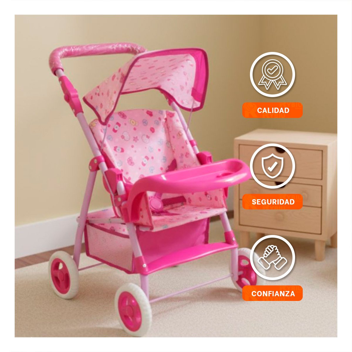 CARRO PARA MUÑECA GRANDE CON RUEDAS FIRMES Y DISEÑO CARAMELOS ROSADO 68CM Y+LIGAS REGALO - 2