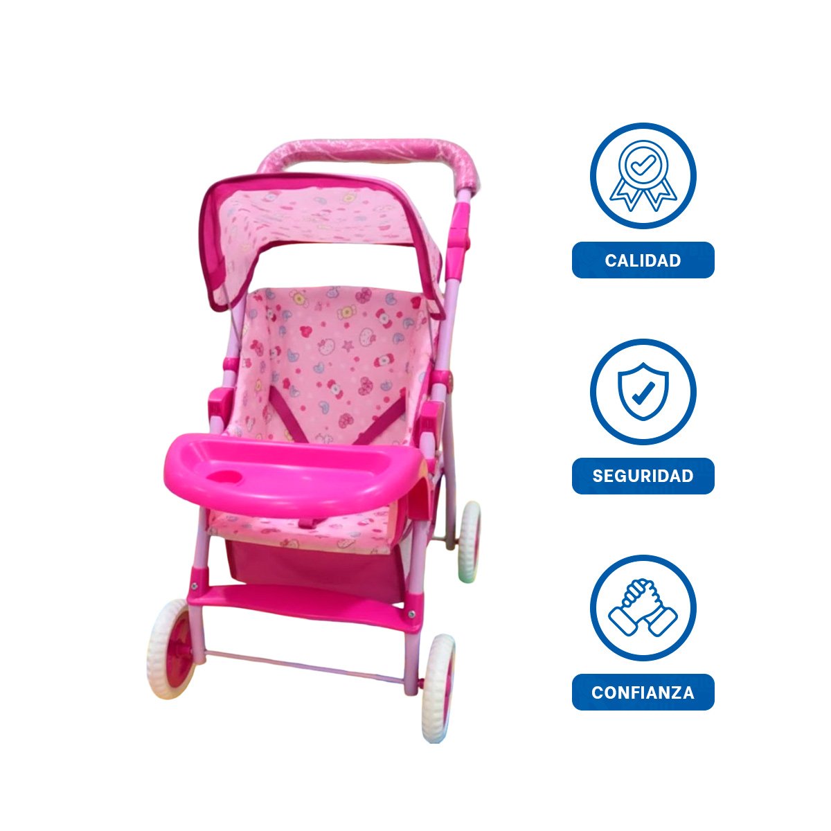 CARRO PARA MUÑECA GRANDE CON RUEDAS FIRMES Y DISEÑO CARAMELOS ROSADO 68CM Y+LIGAS REGALO - 3