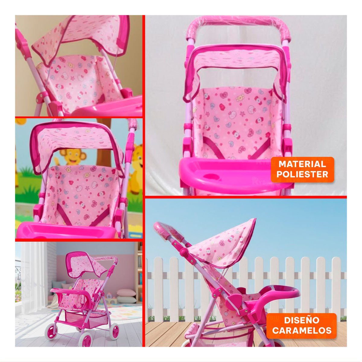 CARRO PARA MUÑECA GRANDE CON RUEDAS FIRMES Y DISEÑO CARAMELOS ROSADO 68CM Y+LIGAS REGALO - 5