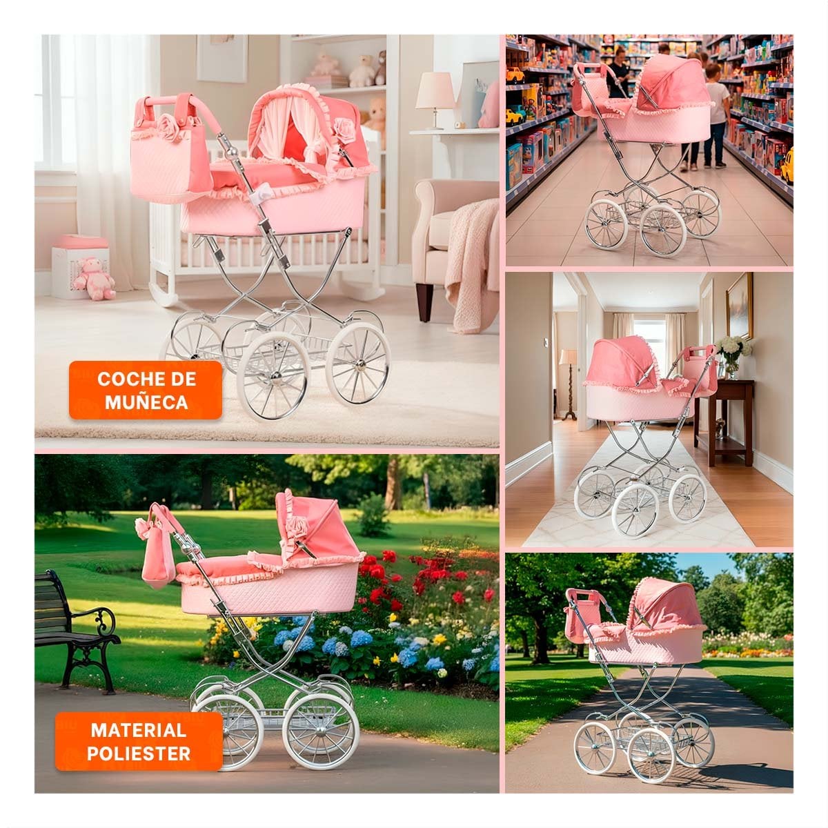 PASEADOR DE MUNECA CLASICO ESPANOL ROSADO 78X41.5X95CM PARA JUEGO - 5