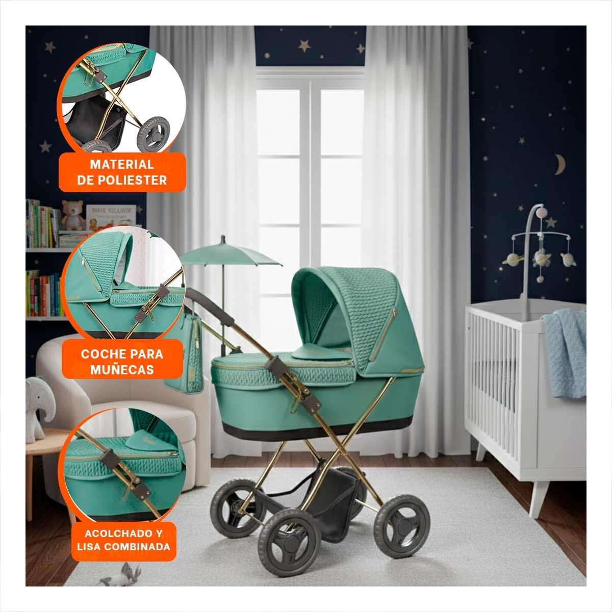 CARREOLA RECREATIVA REBORN PARA MUNECA CON SOMBRILLA VERDE 28X70X80CM Y+LIGAS REGALO - 2