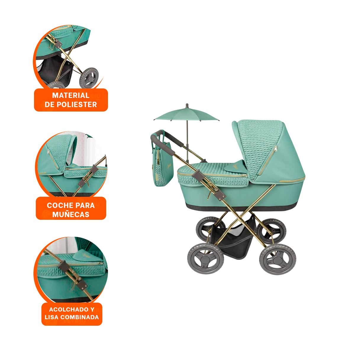 CARREOLA RECREATIVA REBORN PARA MUNECA CON SOMBRILLA VERDE 28X70X80CM Y+LIGAS REGALO - 3