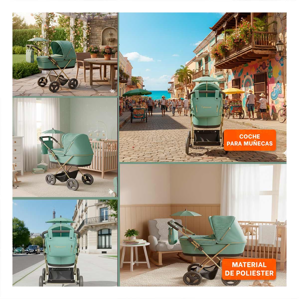 CARREOLA RECREATIVA REBORN PARA MUNECA CON SOMBRILLA VERDE 28X70X80CM Y+LIGAS REGALO - 5