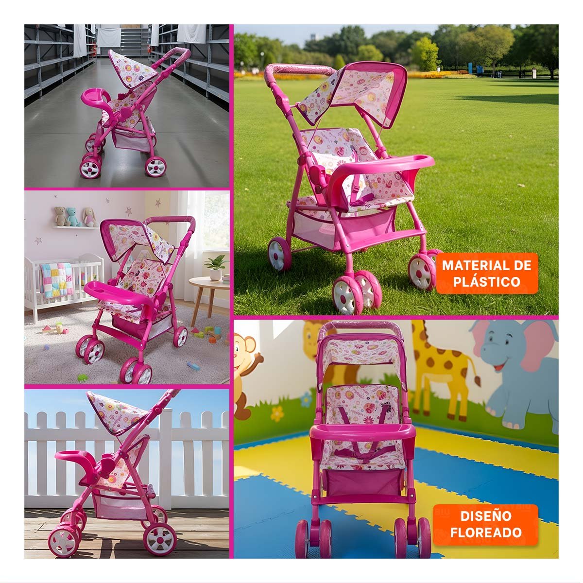 CARRO INFANTIL PENSADO PARA JUEGO CON GRAFICA FLORES COLORES ROSADO 68CM Y+LIGAS REGALO - 5