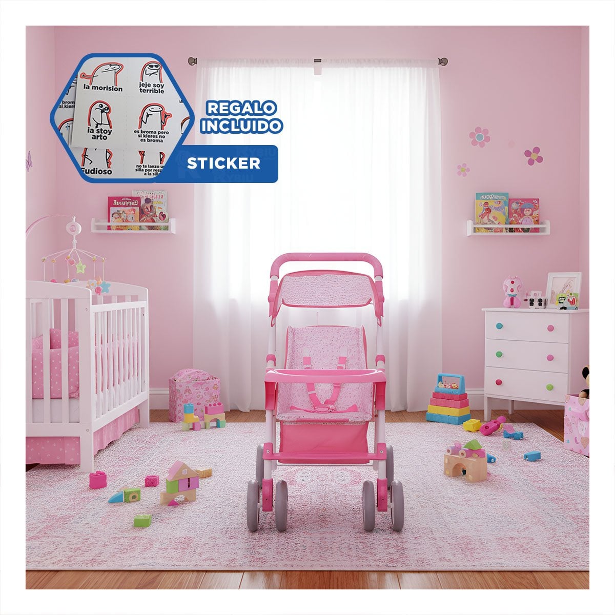 CARRO PARA BEBE DE JUGUETE CON ESTILO CLASICO FLORAL ROSADO 68CM Y+REGALO STICKER - 1