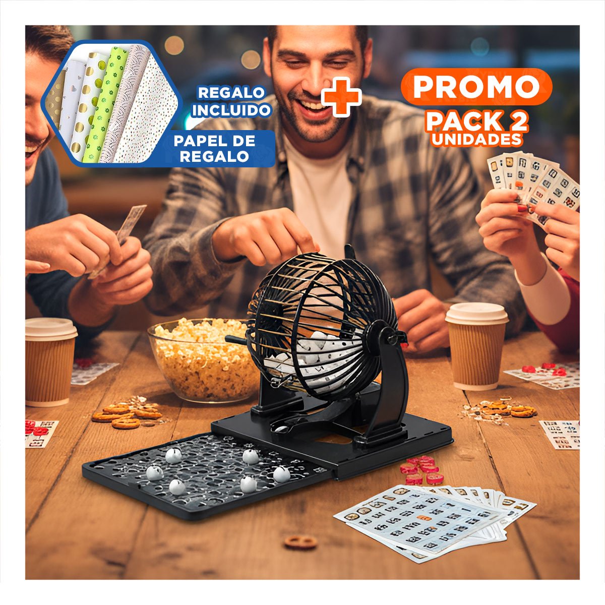 PACK2 EQUIPO DE BINGO NEGRO CON CENTRO DE METAL PARA JUEGOS SOCIALES Y+PAPEL REGALO - 1