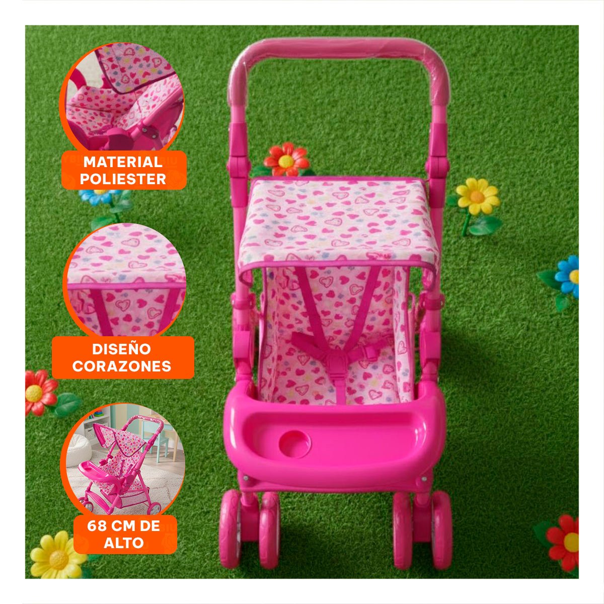 COCHE PARA MUÑECA CON DISEÑO TIERNO DE OSITOS Y CORAZONES ROSADO 68CM Y+PAPEL REGALO - 5