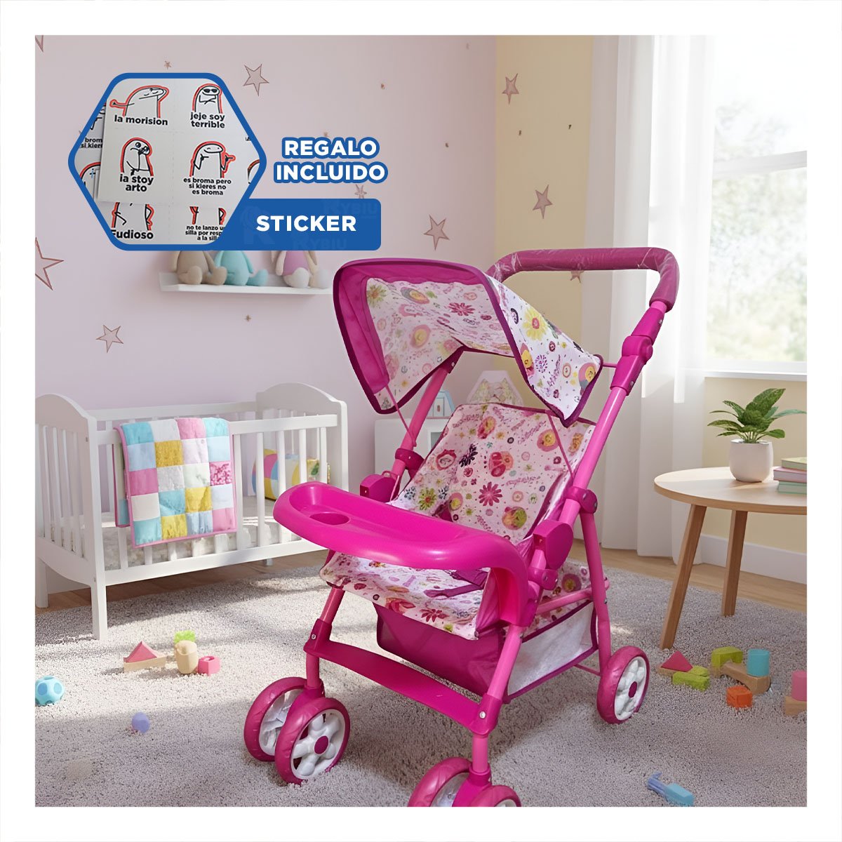 CARRO INFANTIL CON MOTIVOS FLORALES COLORES Y ACABADO ROSADO 68CM Y+REGALO STICKER - 1