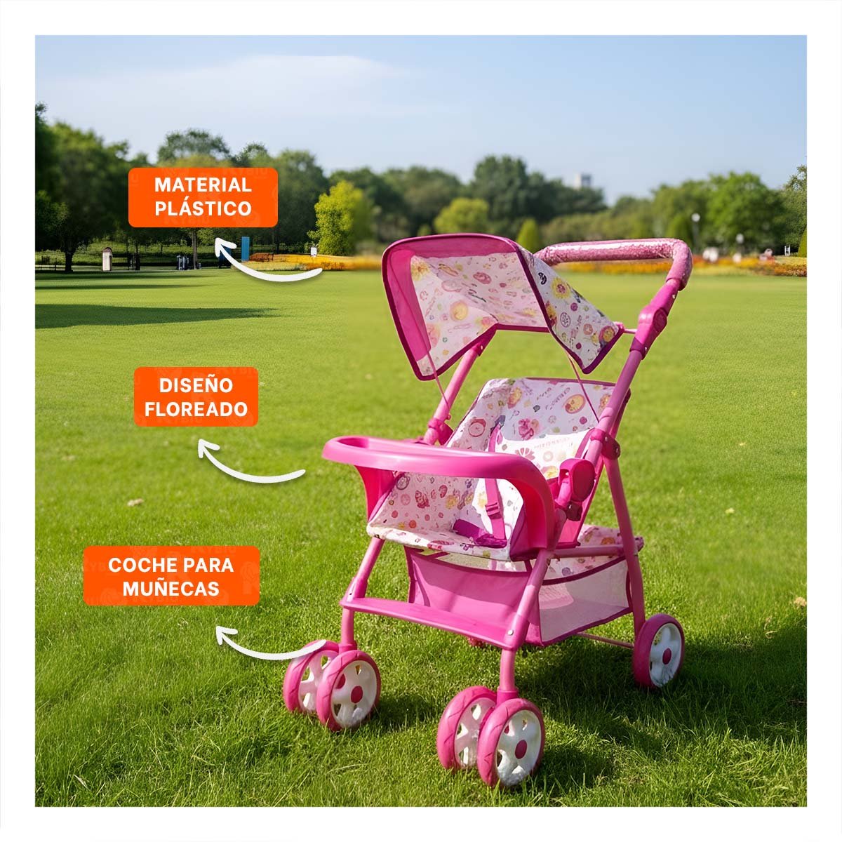 CARRO INFANTIL CON MOTIVOS FLORALES COLORES Y ACABADO ROSADO 68CM Y+REGALO STICKER - 5