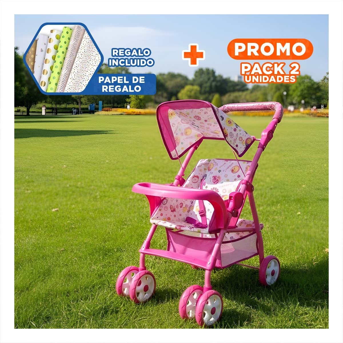 PACK2 VEHICULO INFANTIL PARA JUEGO CON DETALLE FLORES COLORES ROSADO 68CM Y+PAPEL REGALO - 1