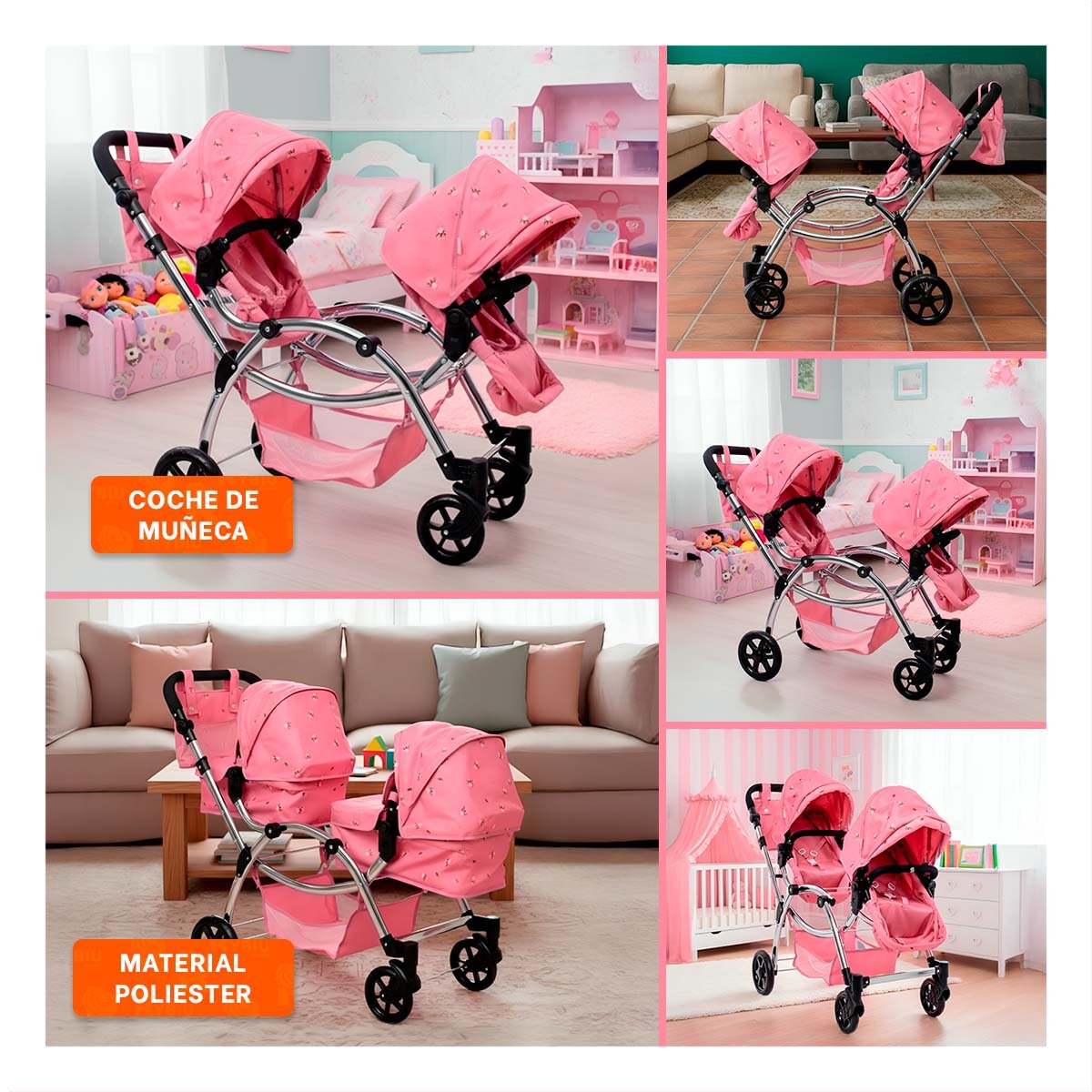 CARRO DE MUNECA GEMELAR ROSADO 46X96X88CM ESTILO CLASICO PARA NINAS Y+POST IT - 5
