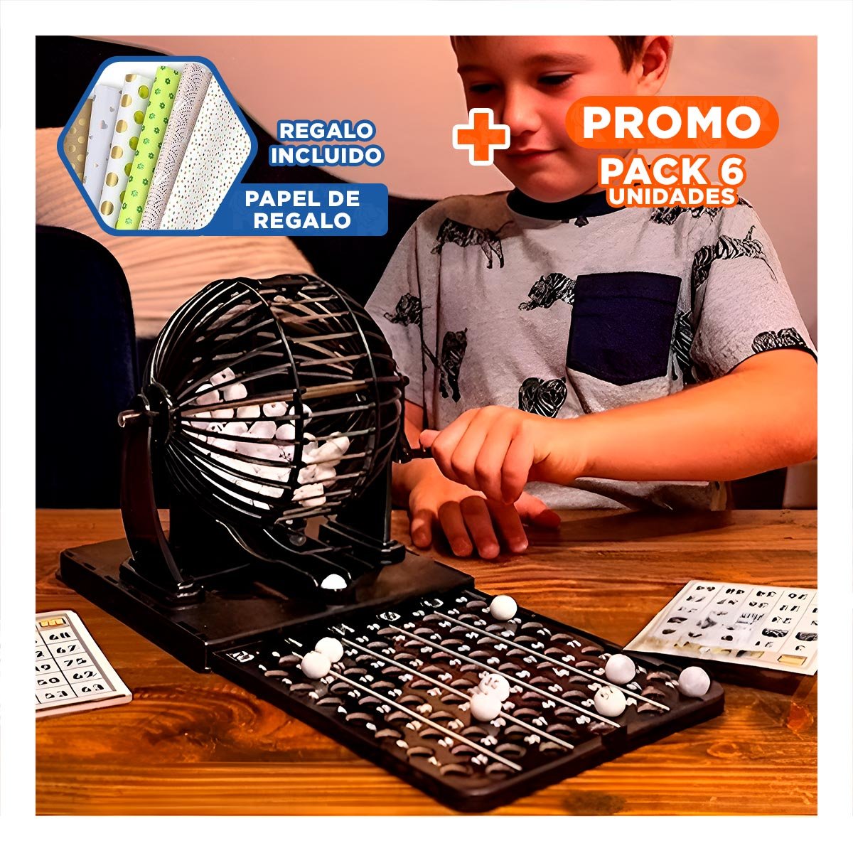 PACK6 DIVERSION CLASICA DE BINGO NEO GRANDE PLASTICO Y METAL NEGRO PARA HOGAR Y+PAPEL REGALO - 1
