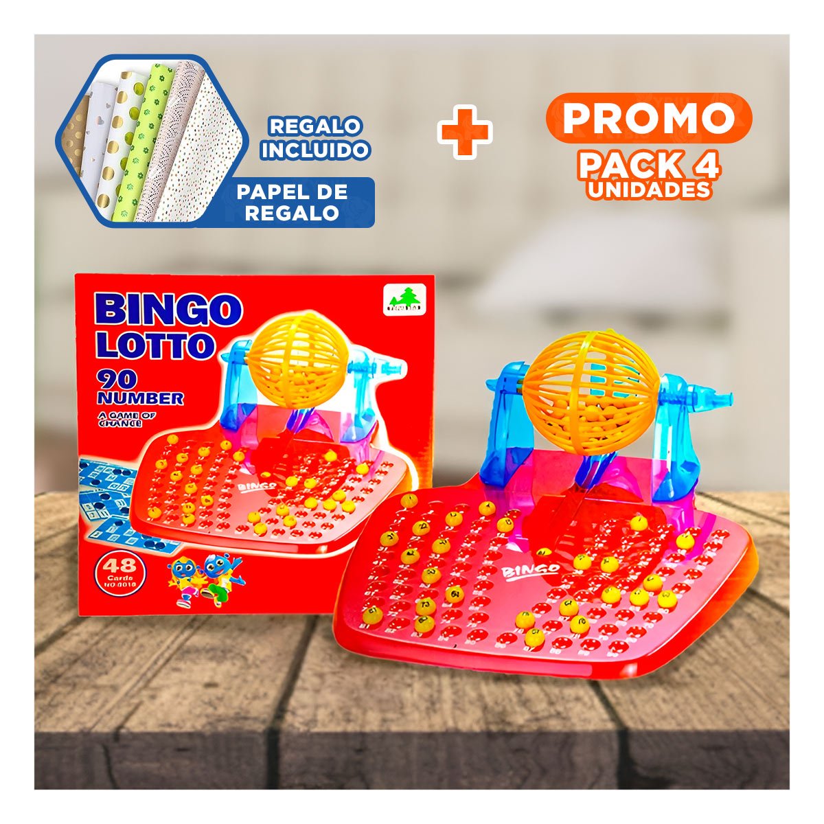 PACK4 PASATIEMPO TRADICIONAL BINGO FAMILIAR 90 NUMEROS Y+PAPEL REGALO - 1