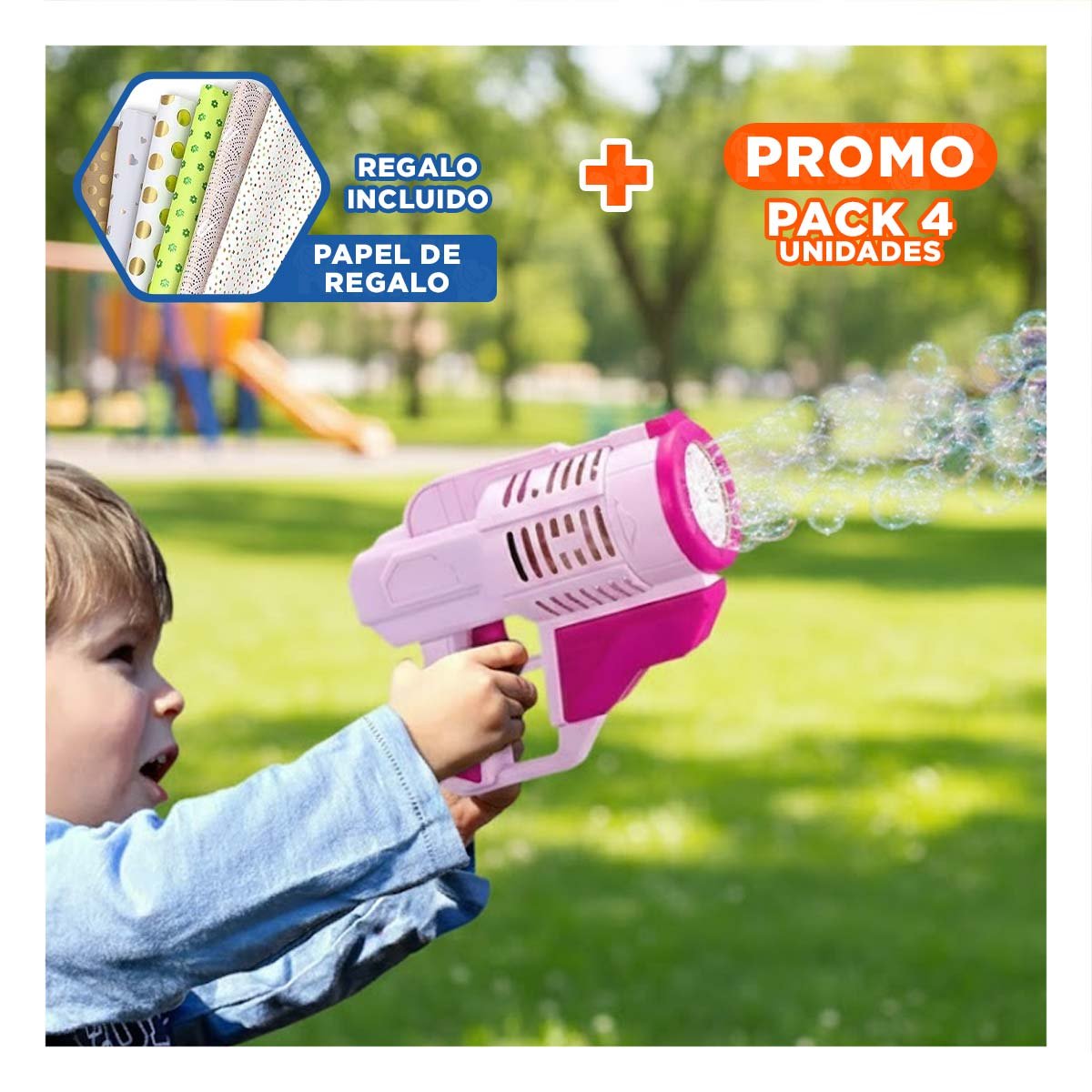 PACK4 MAQUINA DE BURBUJAS CON MOCHILA PORTATIL ROSADO PARA DIVERSION CONTINUA Y+PAPEL REGALO - 1