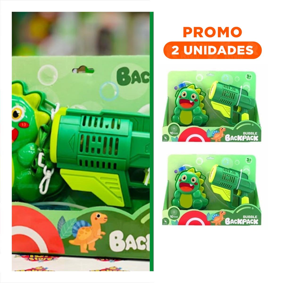 PACK2 SOPLADOR DE BURBUJAS CON MOCHILA PORTATIL DINOSAURIO VERDE PARA JUEGO CONTINUO - 1