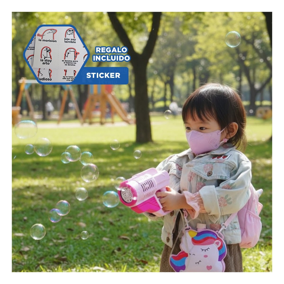 SOPLADOR DE BURBUJAS CON MOCHILA PORTATIL PARA DECORACION DE FIESTAS Y+REGALO STICKER - 1