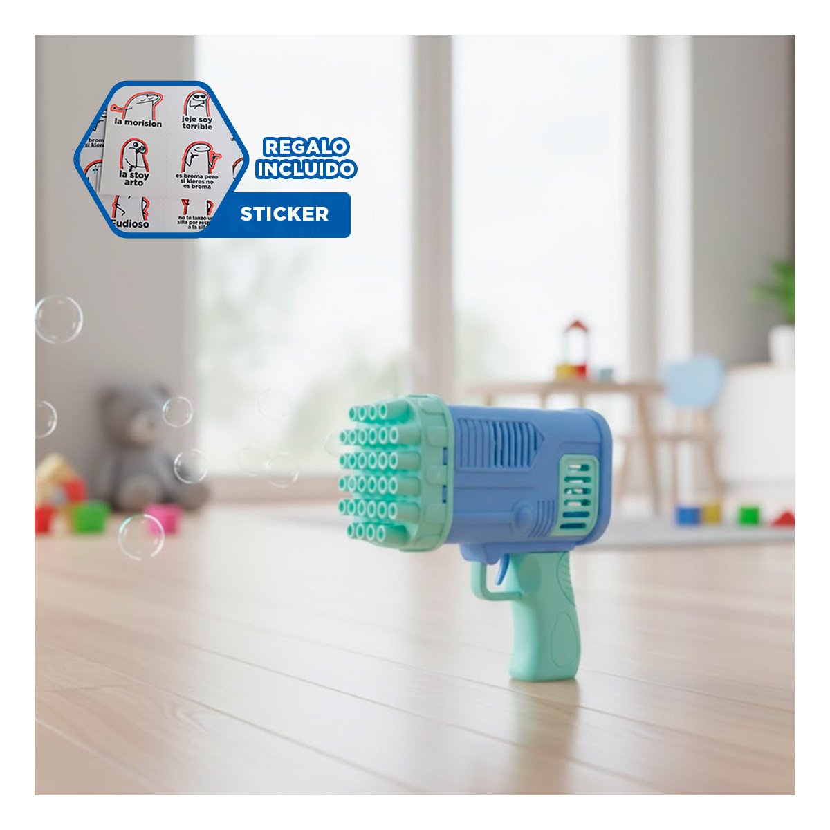 GENERADOR DE BURBUJAS COHETE CELESTE PARA JUEGOS DE NINOS EN JARDIN Y+REGALO STICKER - 1