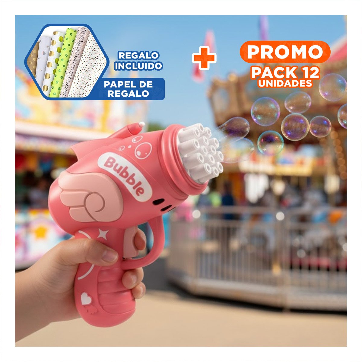 PACK12 SOPLADOR DE BURBUJAS ROSADO PARA JUEGOS INFANTILES Y+PAPEL REGALO - 1