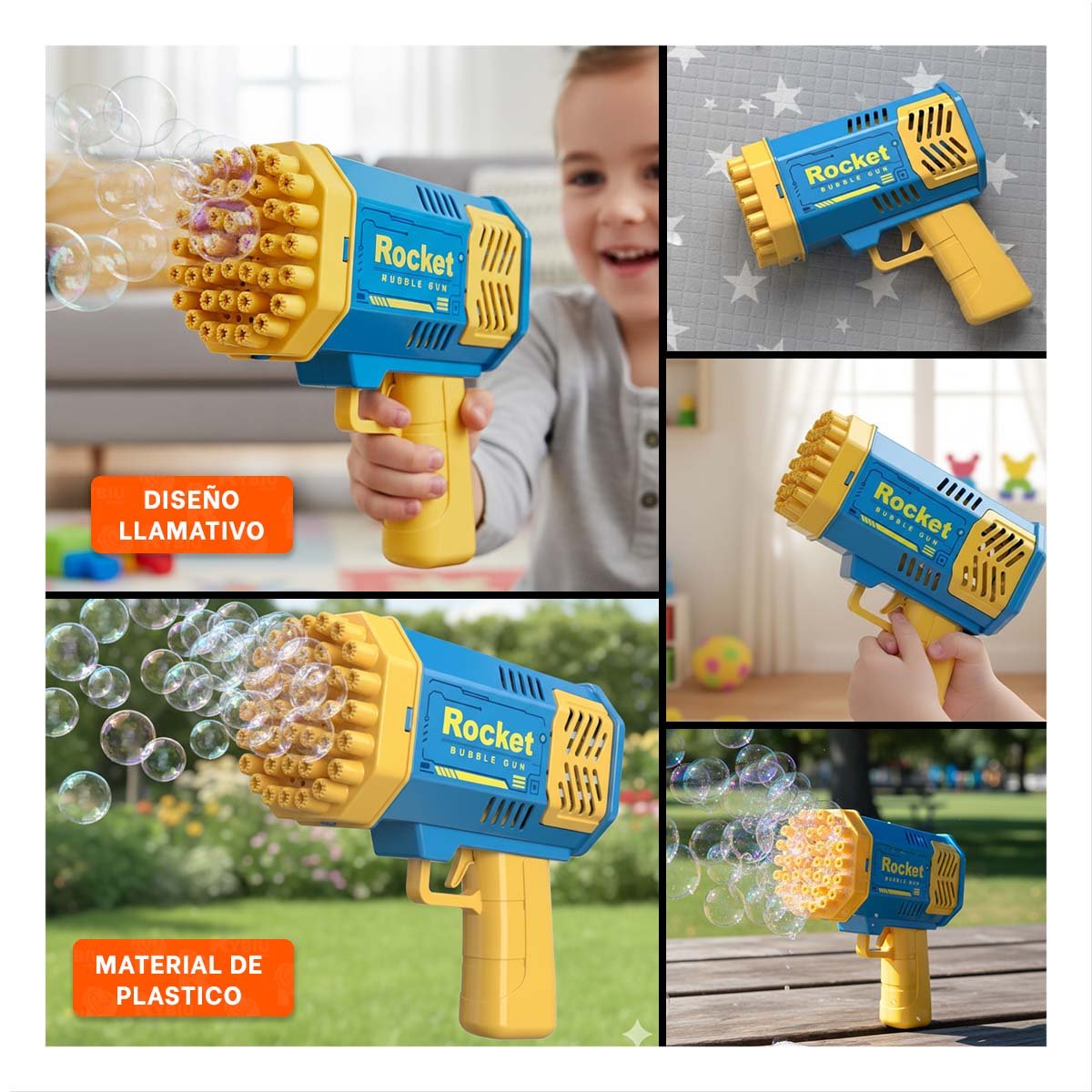 PROYECTOR DE JUGUETE PARA BURBUJAS TIPO COHETE AZUL Y AMARILLO Y+POST IT - 5
