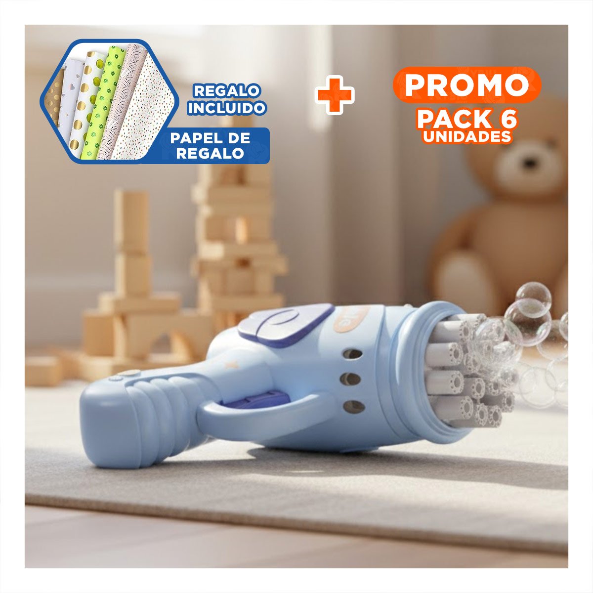 PACK6 CANON DE BURBUJAS PARA NINOS USO EXTERIOR Y+PAPEL REGALO - 1
