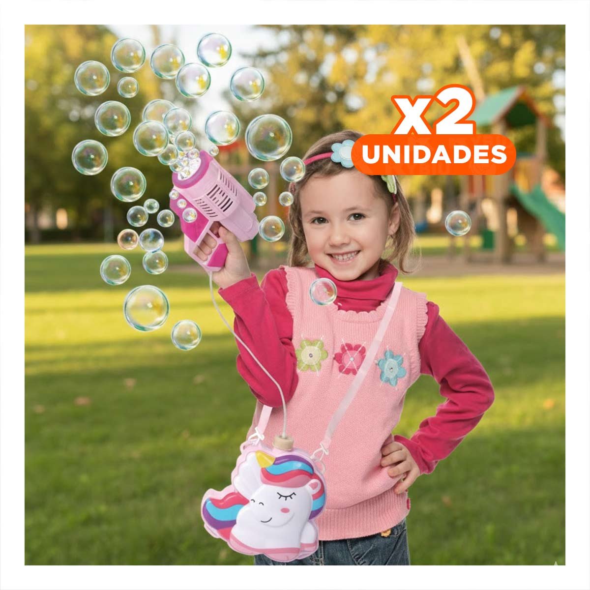 PACK2 SOPLADOR DE BURBUJAS CON MOCHILA PORTATIL ROSADO PARA JUEGOS AL AIRE Y+REGALO STICKER - 1
