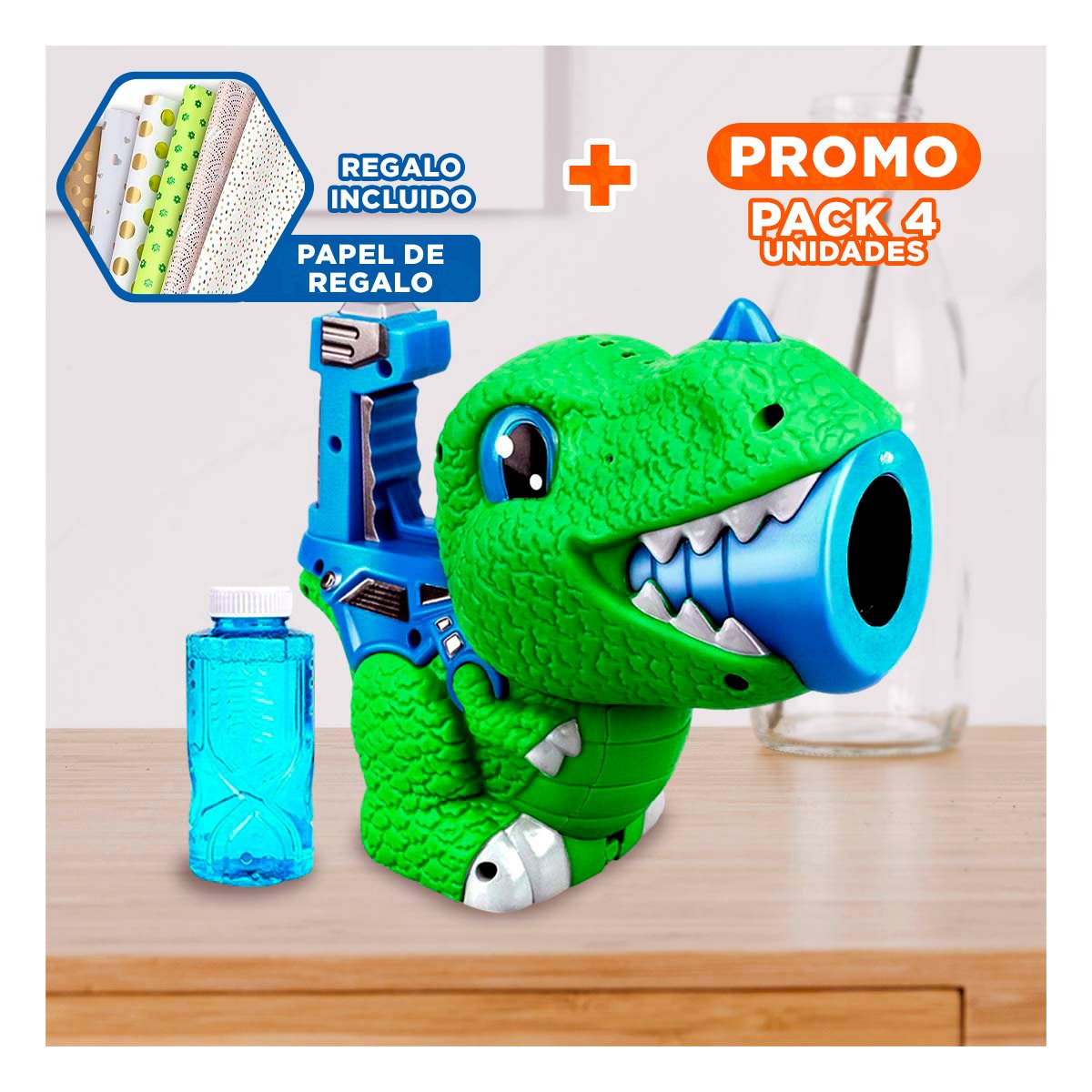 PACK4 APARATO DE BURBUJAS DINOSAURIO CHICO VERDE Y AZUL PARA DIVERSION Y+PAPEL REGALO - 1