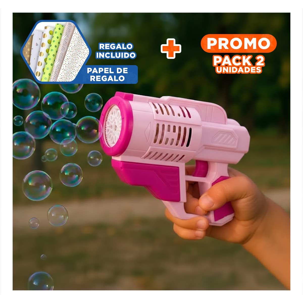 PACK2 LANZADOR DE BURBUJAS CON MOCHILA PORTATIL ROSADO PARA AMBIENTES ALEGRES Y+PAPEL REGALO - 1