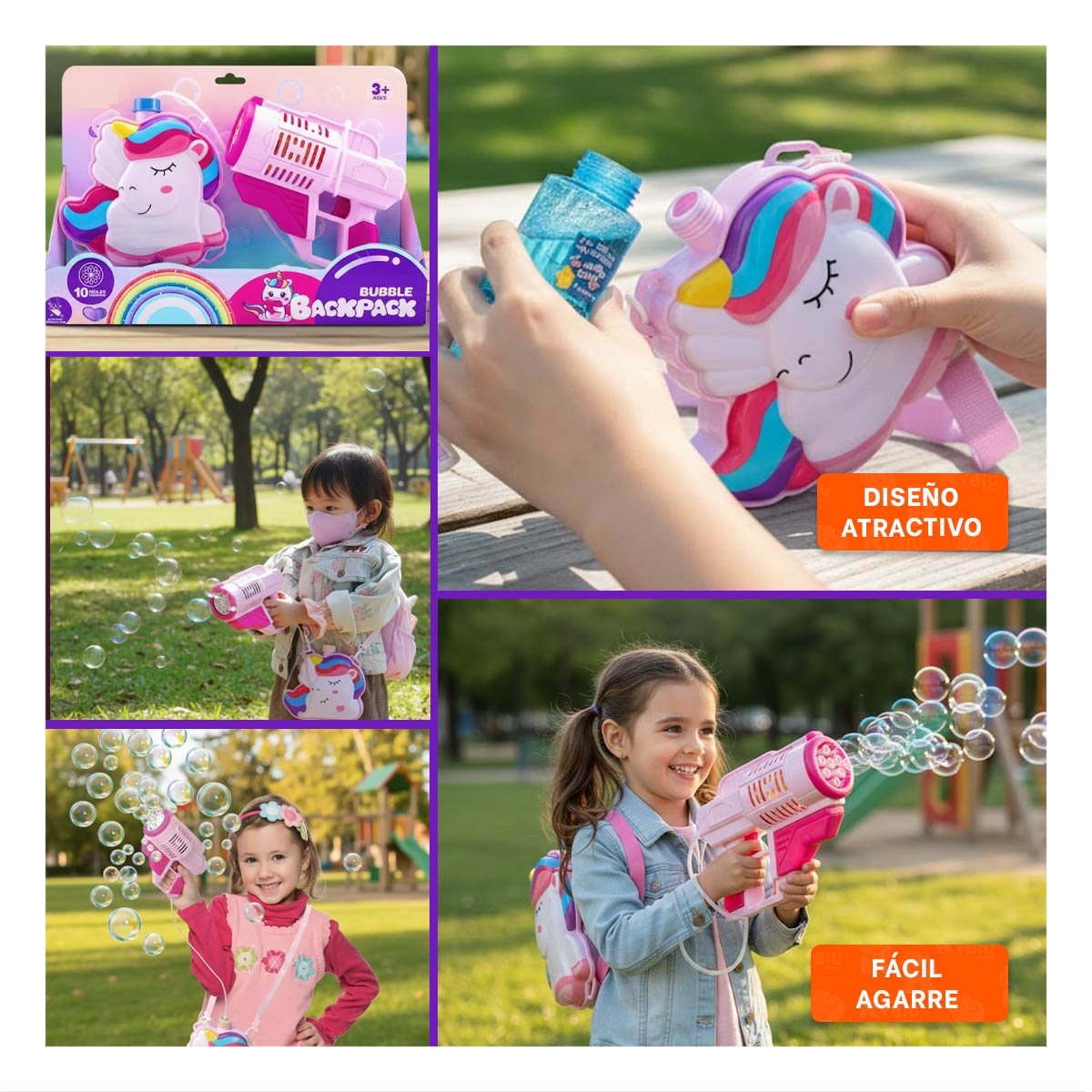 PACK2 LANZADOR DE BURBUJAS CON MOCHILA PORTATIL ROSADO PARA AMBIENTES ALEGRES Y+PAPEL REGALO - 3