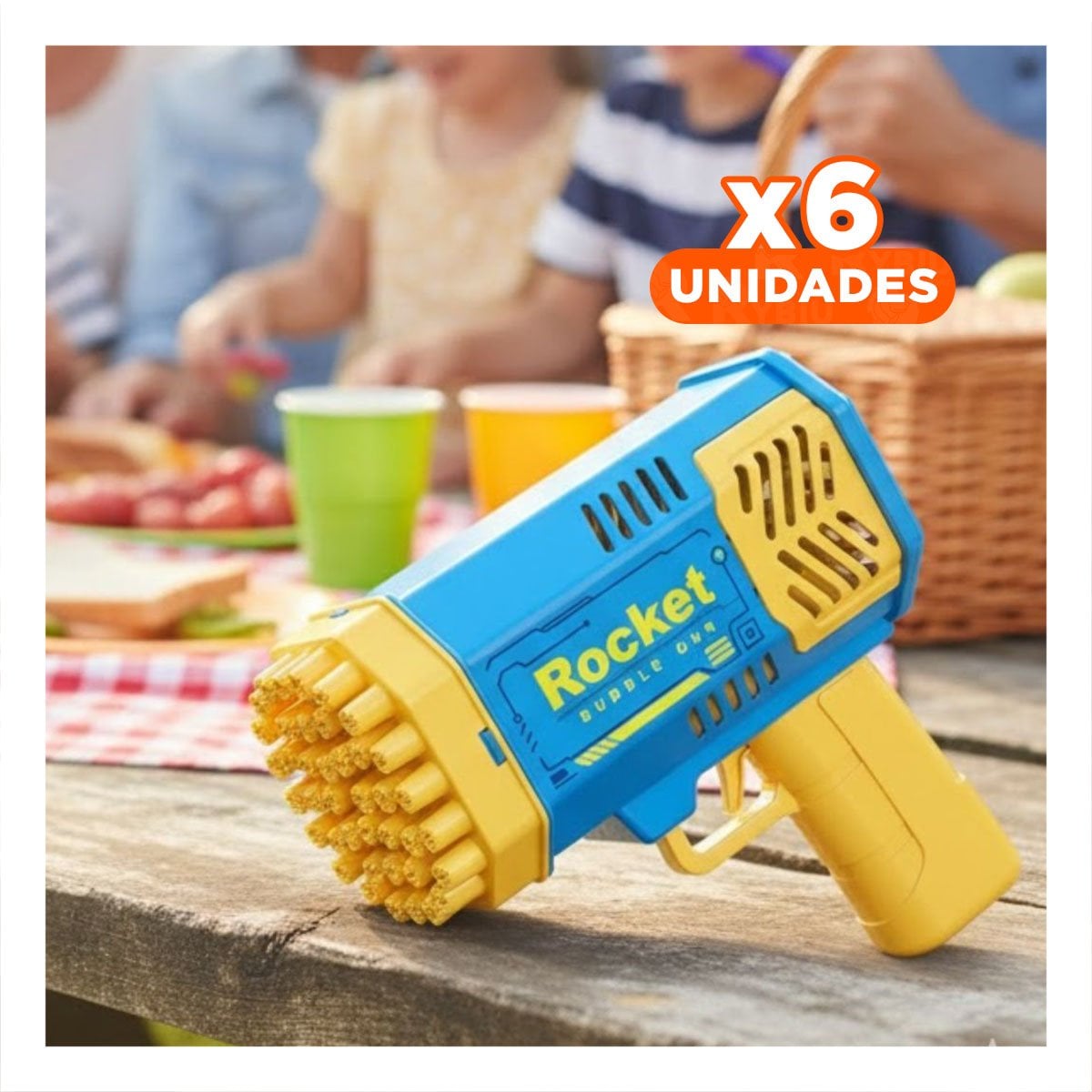 PACK6 JUGUETE INFANTIL DE BURBUJAS CON DISENO DE COHETE AZUL Y AMARILLO Y+REGALO STICKER - 1
