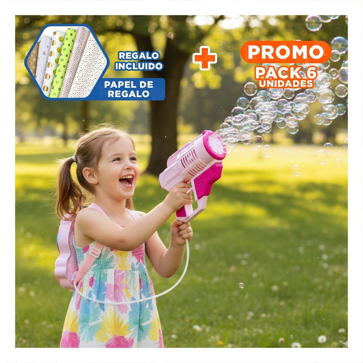 PACK6 SOPLADOR DE BURBUJAS CON MOCHILA PORTATIL PARA EVENTOS Y CELEBRACIONES Y+PAPEL REGALO - 1