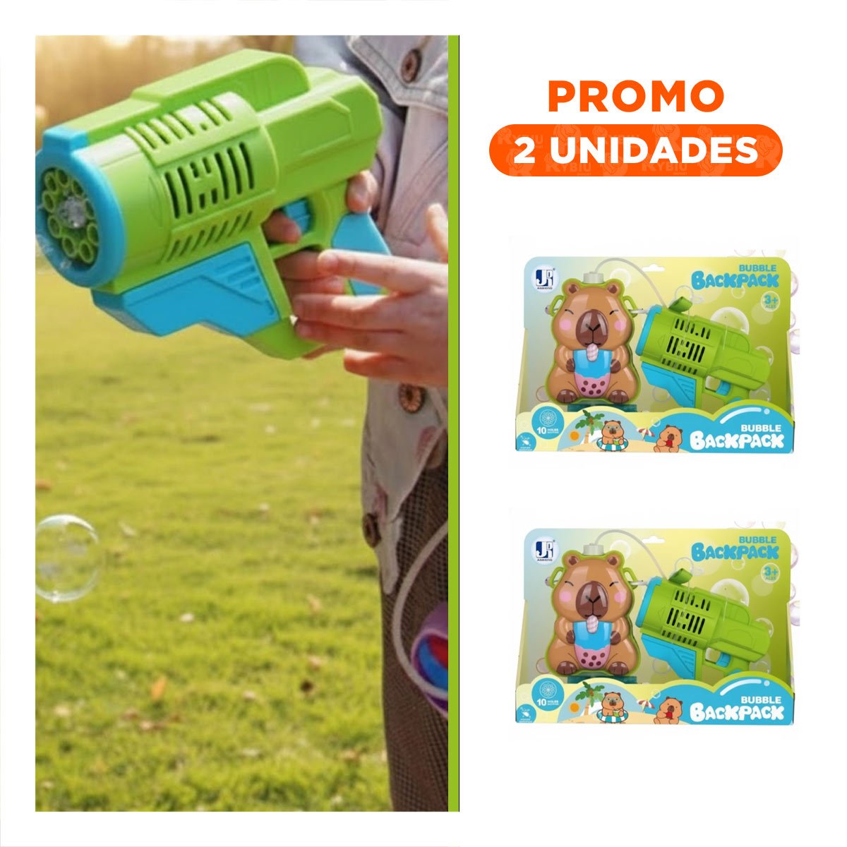 PACK2 SET DE DIVERSION CON BURBUJAS Y MOCHILA PORTATIL FIGURA ANIMAL VERDE CLARO - 1