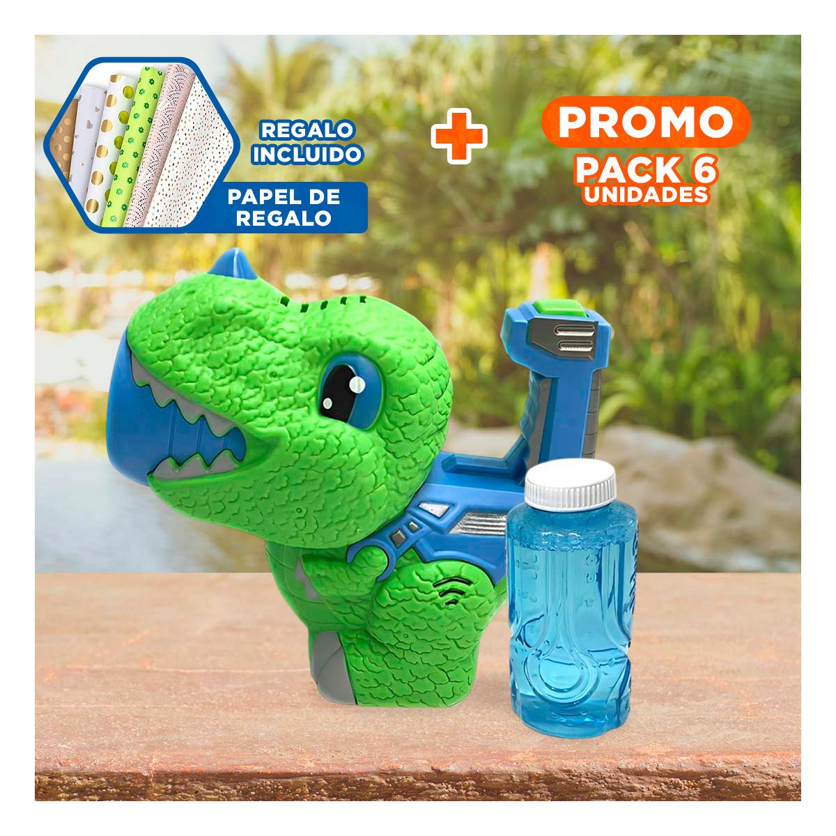 PACK6 APARATO DE BURBUJAS CON DISENO DINOSAURIO CHICO VERDE Y AZUL Y+PAPEL REGALO - 1