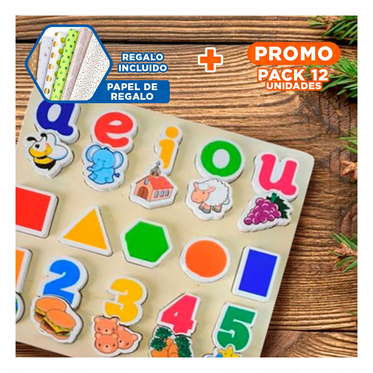 PACK12 TABLERO INTERACTIVO INFANTIL CON FIGURAS GEOMETRICAS Y 25 PIEZAS Y+PAPEL REGALO - 1