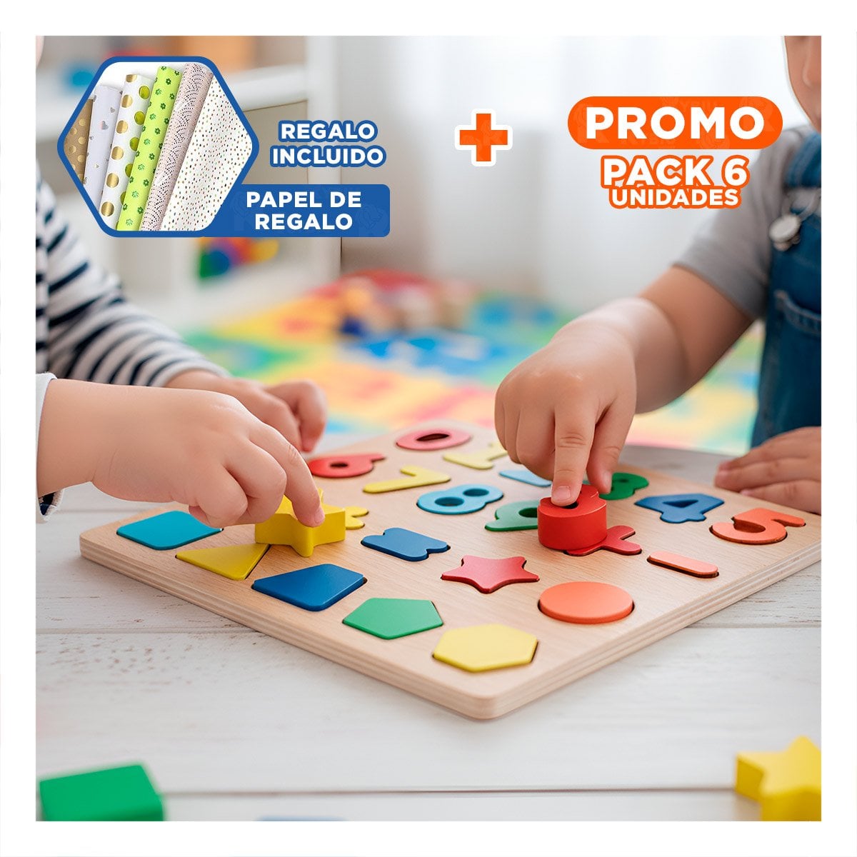 PACK6 DIDACTICO EDUCATIVO MULTICOLOR CON FONDO MADERA PARA DESARROLLO MENTAL Y+PAPEL REGALO - 1