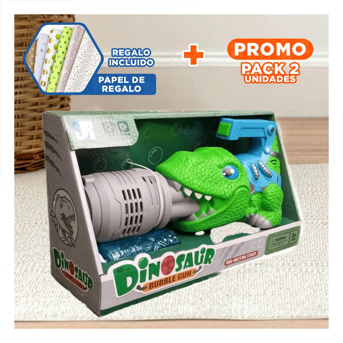 PACK2 GENERADOR LED DE BURBUJAS DINOSAURIO CON SONIDO PARA DIVERSION Y+PAPEL REGALO - 1