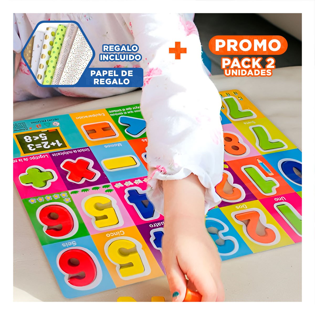 PACK2 ENCAJE NUMEROS Y SIGNOS MULTICOLOR CON FONDO CUADROS DIDACTICO Y+PAPEL REGALO - 1