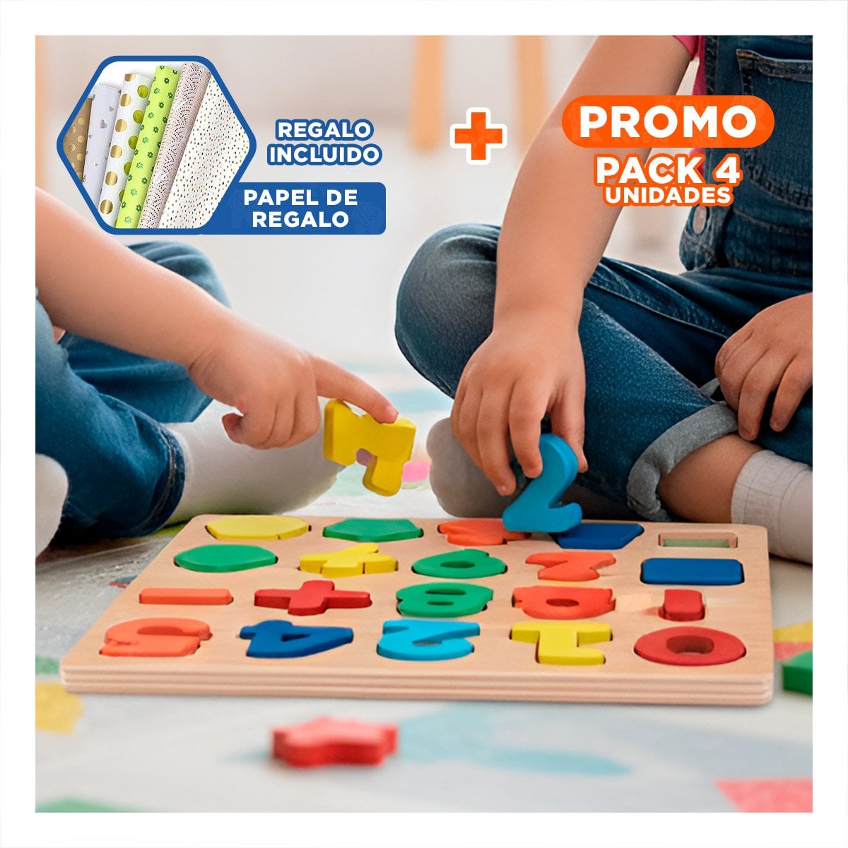 PACK4 DIDACTICO INFANTIL MULTICOLOR CON FONDO MADERA PARA APRENDER FORMAS Y+PAPEL REGALO - 1