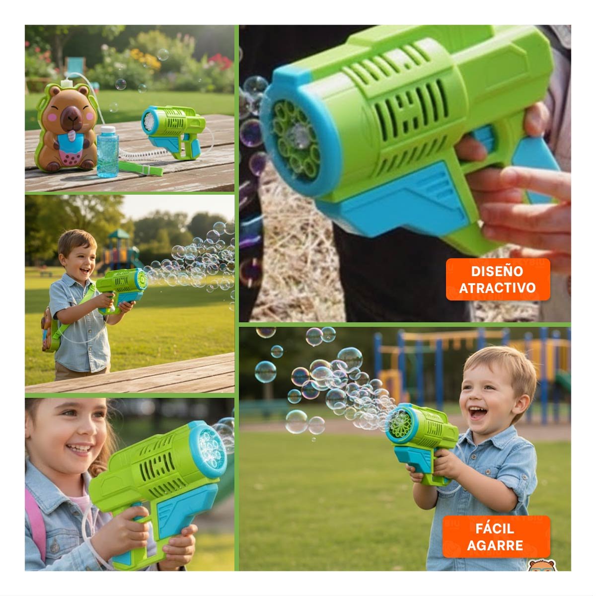 SET DE JUEGO DE BURBUJAS CON MOCHILA PORTATIL FIGURA ANIMAL VERDE CLARO Y+LIGAS REGALO - 5
