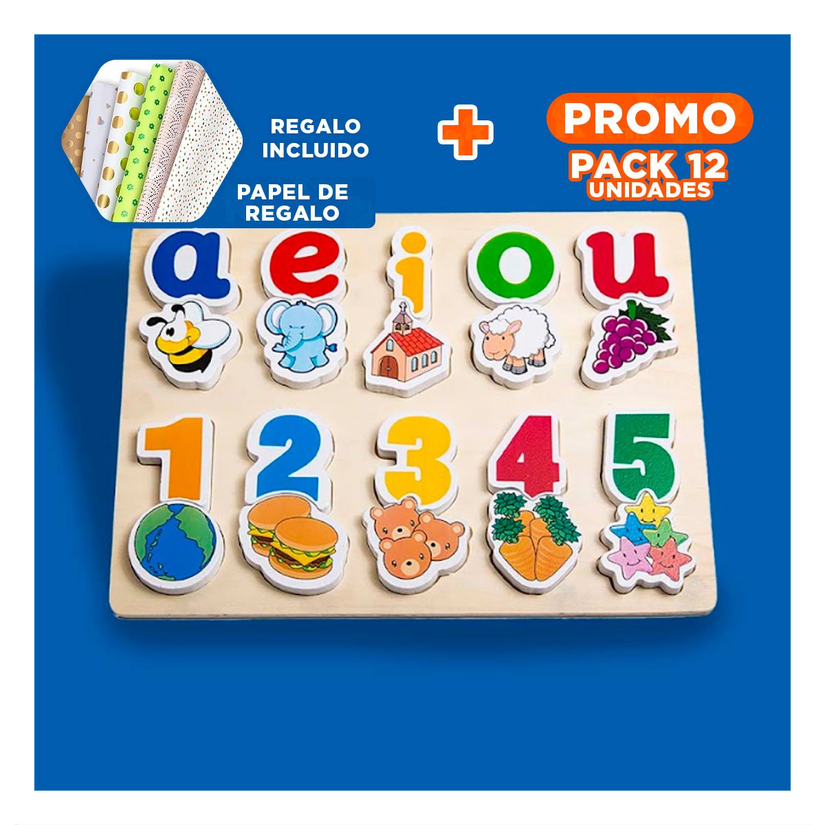 PACK12 SET INTERACTIVO DE ROMPECABEZAS CON VOCALES Y FIGURAS Y+PAPEL REGALO - 1