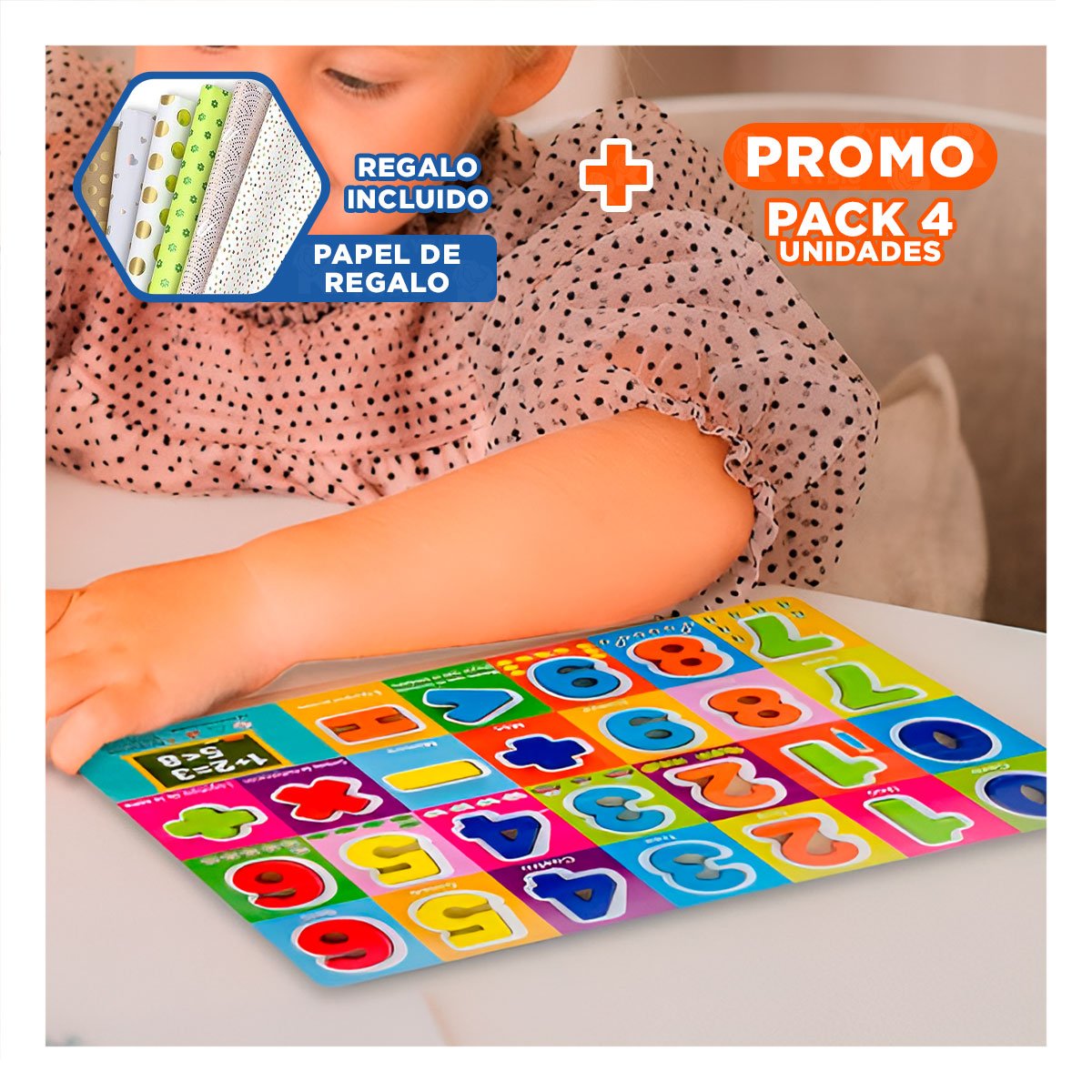 PACK4 DIDACTICO NUMEROS Y SIGNOS MULTICOLOR CON FONDO CUADROS ESCOLAR Y+PAPEL REGALO - 1